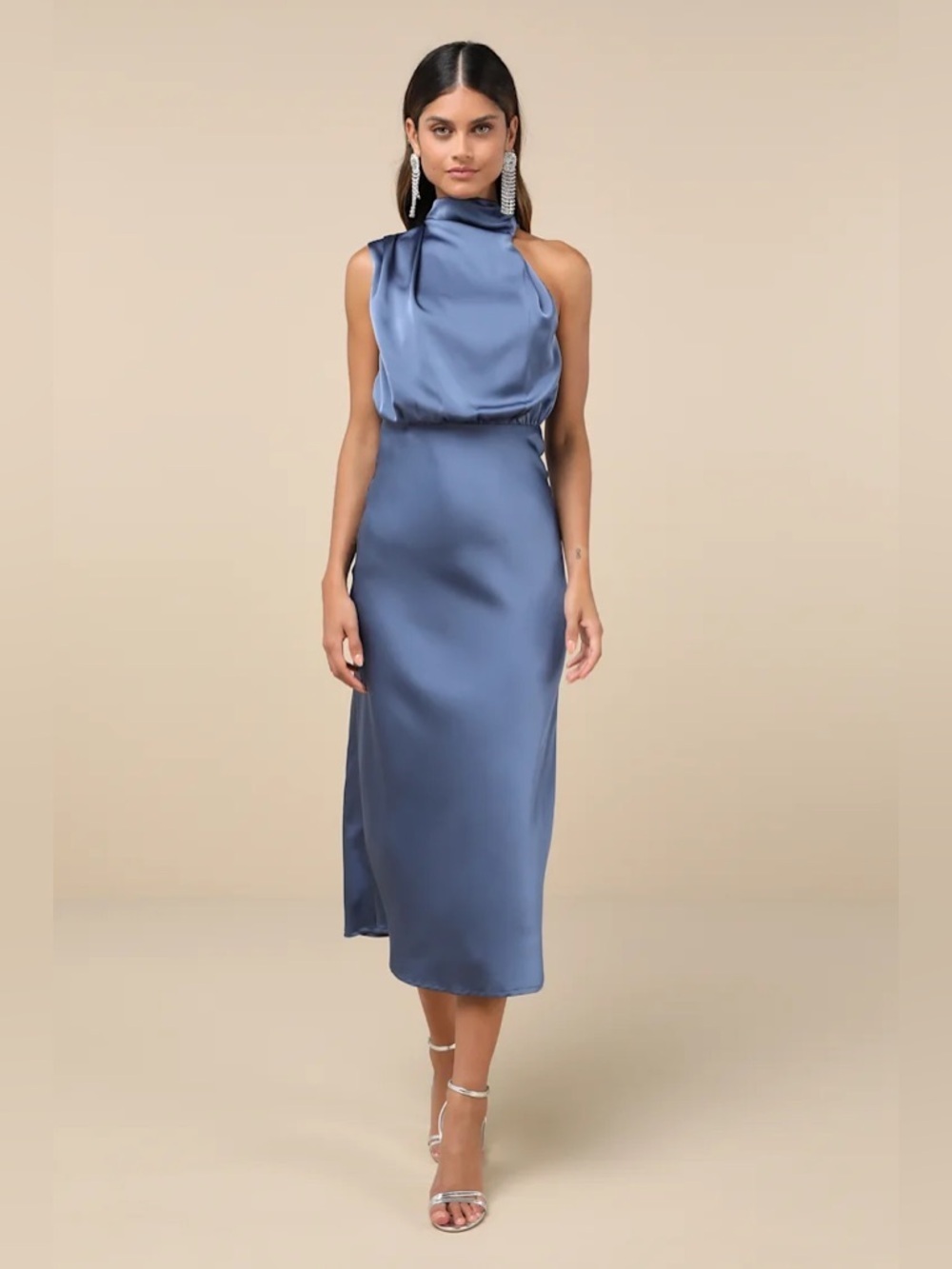 Lulus Distinctive Charm Slate Blue Satin Asymmetrical Midi Dress